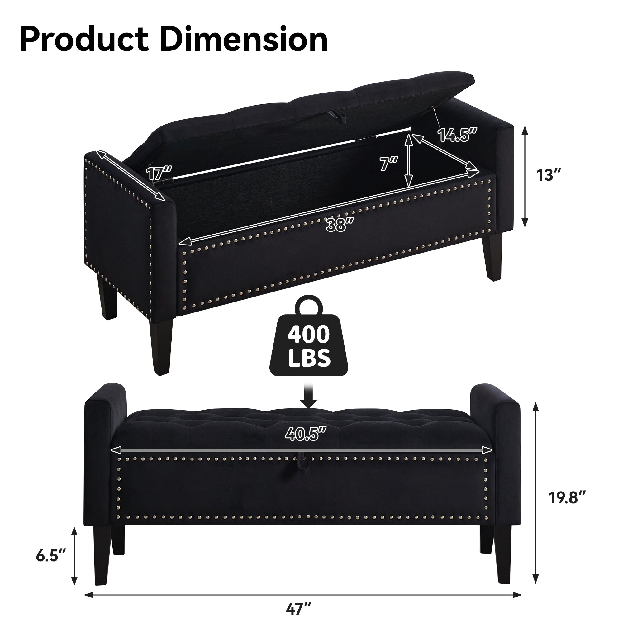 47" Velvet Storage Bench，Black