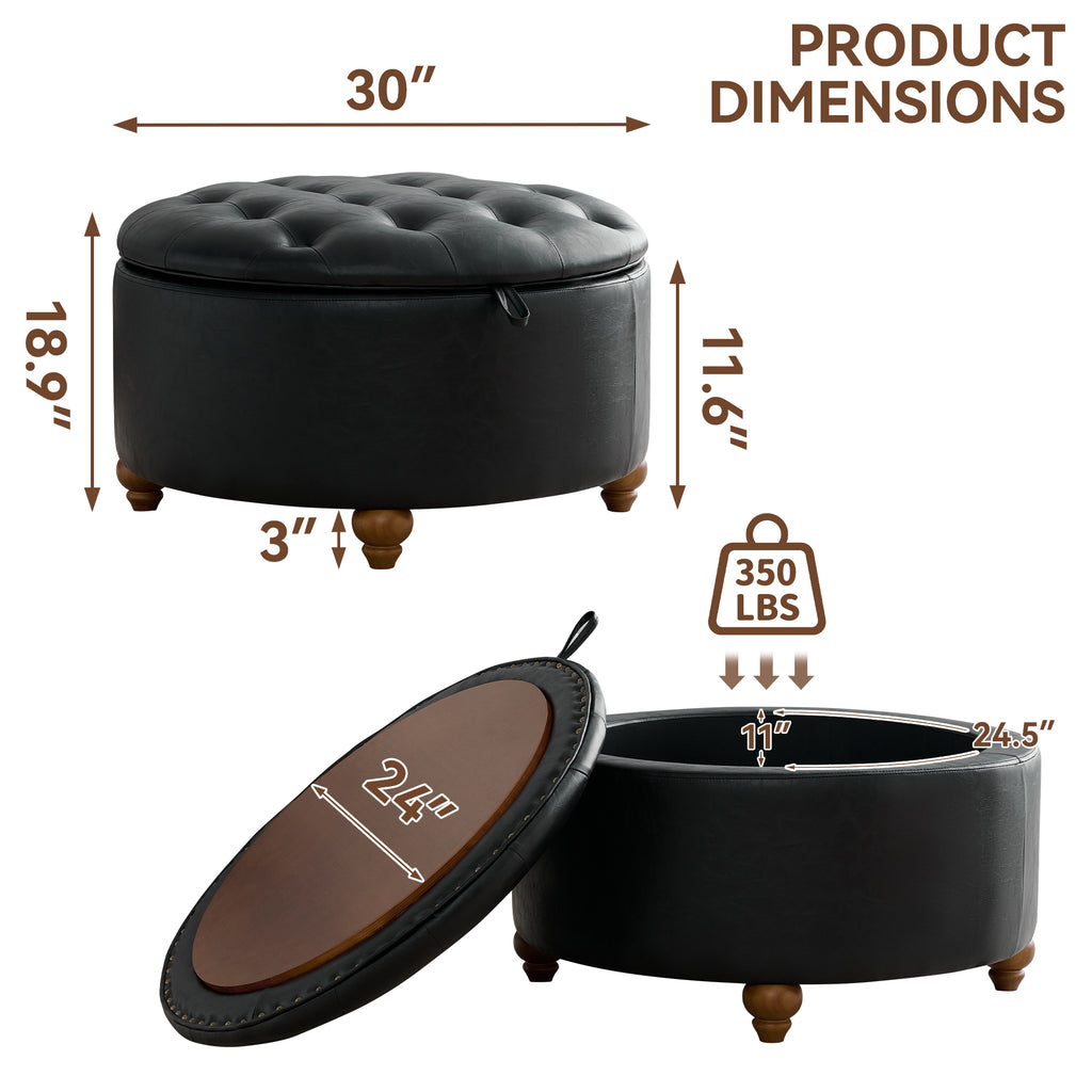 HASLE 30Inch Round Storage Ottoman with Tray, Modern Tufted Leather Circle Coffee Table with Storage, Upholstered Ottoman with Removable Top for Living Room, Bedroom, Leather Black
