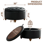 HASLE 30Inch Round Storage Ottoman with Tray, Modern Tufted Leather Circle Coffee Table with Storage, Upholstered Ottoman with Removable Top for Living Room, Bedroom, Leather Black