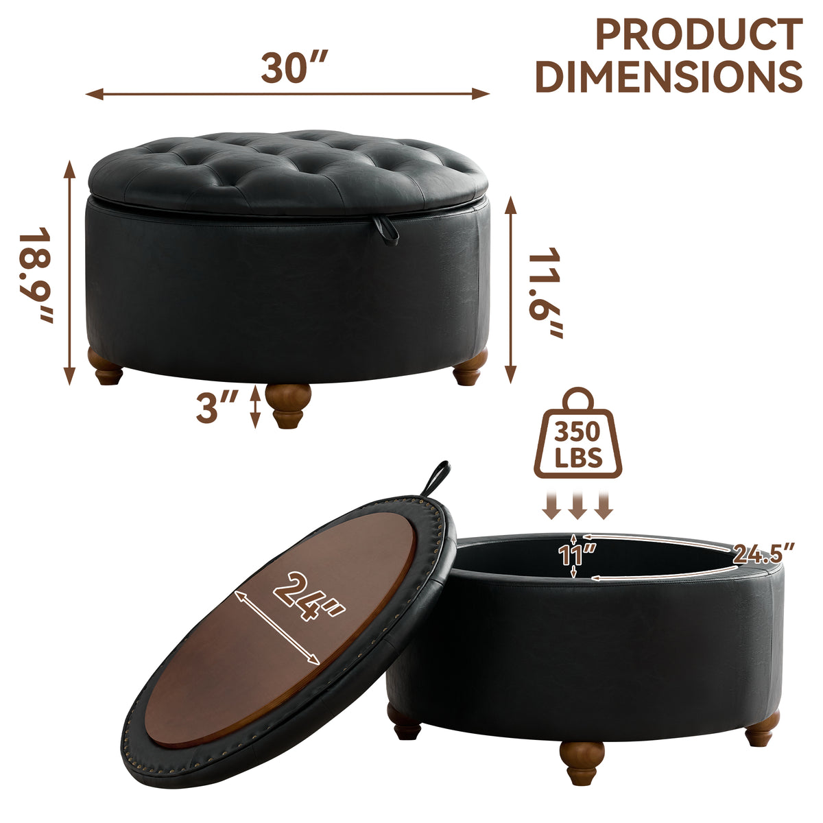HASLE 30Inch Round Storage Ottoman with Tray, Modern Tufted Leather Circle Coffee Table with Storage, Upholstered Ottoman with Removable Top for Living Room, Bedroom, Leather Black