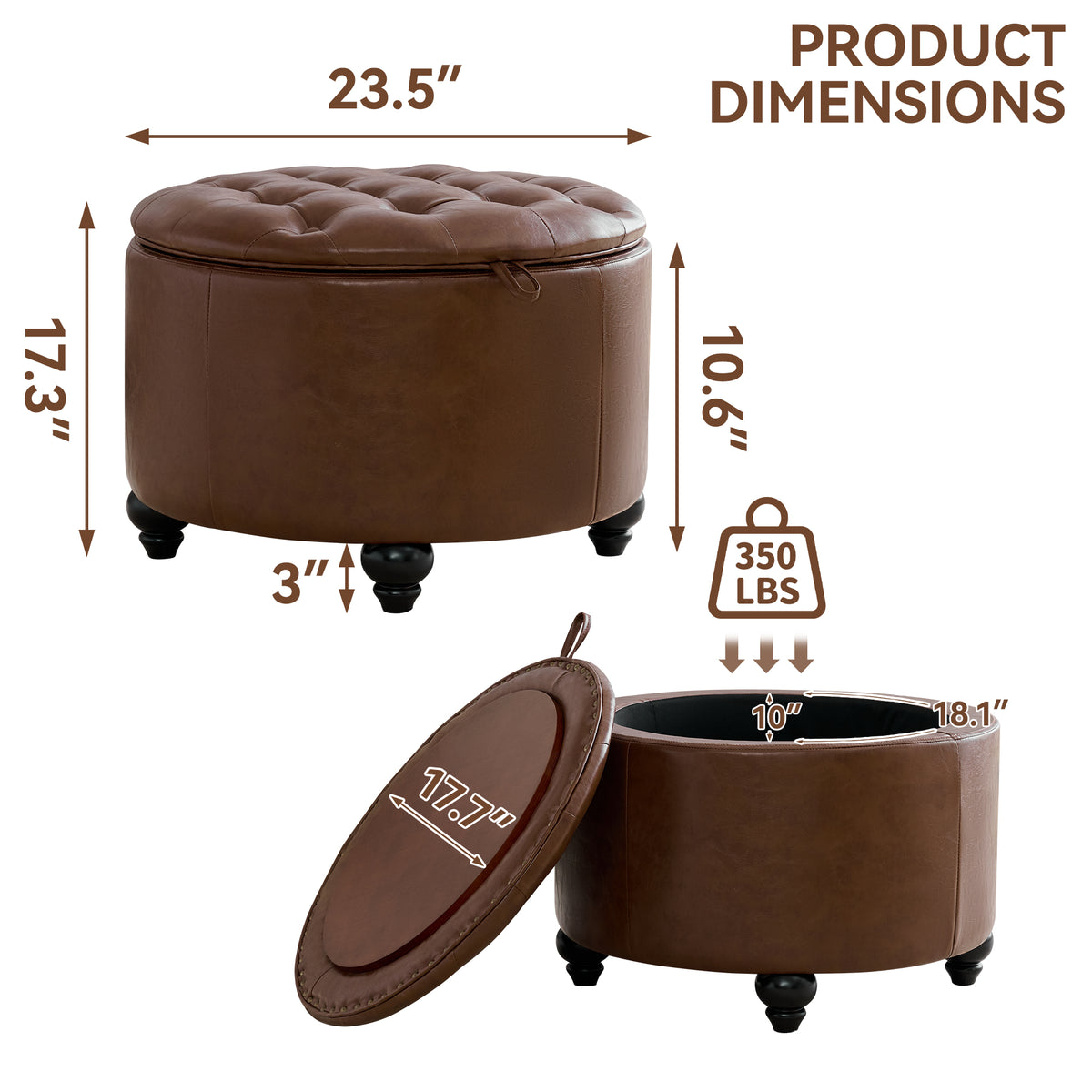 HASLE 24Inch Round Storage Ottoman with Tray, Modern Tufted Leather Circle Coffee Table with Storage, Upholstered Ottoman with Removable Top for Living Room, Bedroom, Leather Coffee