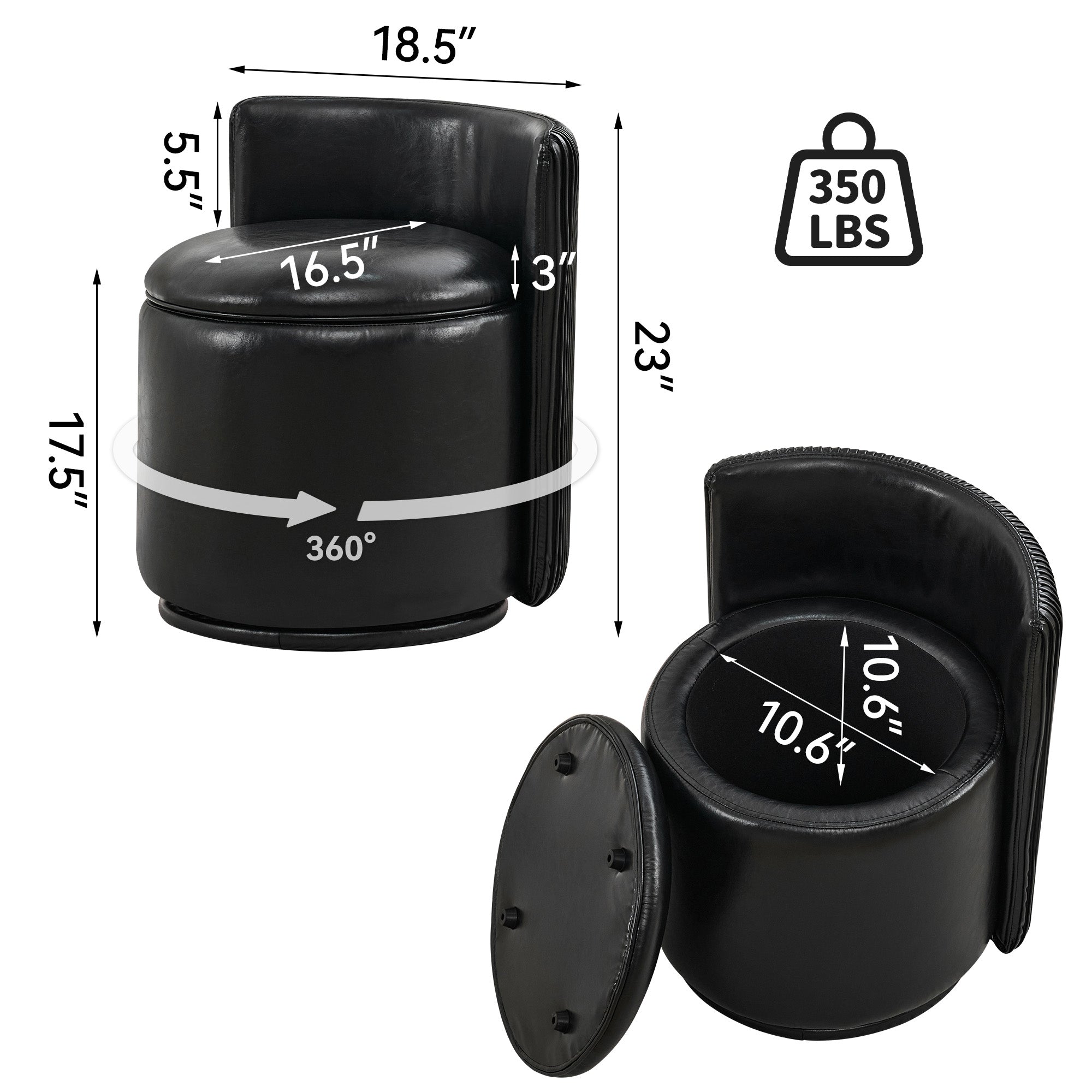 Vanity Chair with Storage，Leather, Black