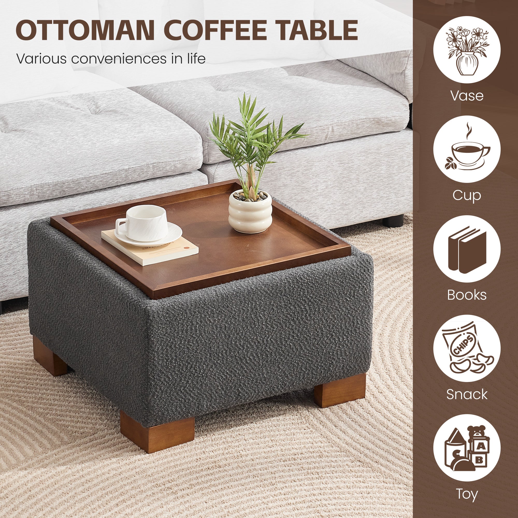 24" Square Storage Ottoman，Dark Gray