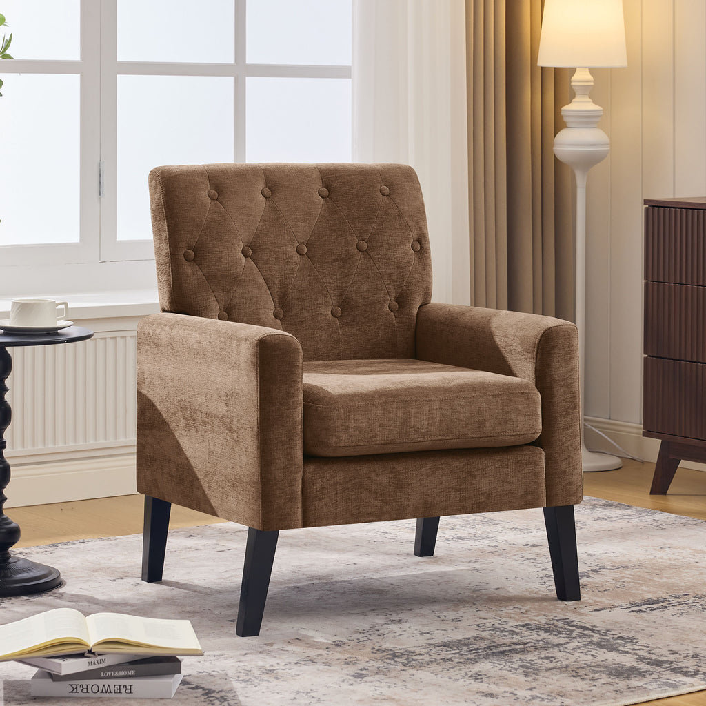 Mid Century Modern Accent Chairs, Brown Chenille Office Chair for Reception - Tufted Upholstered Club Chair for Living Room, Bedroom, or Waiting Room