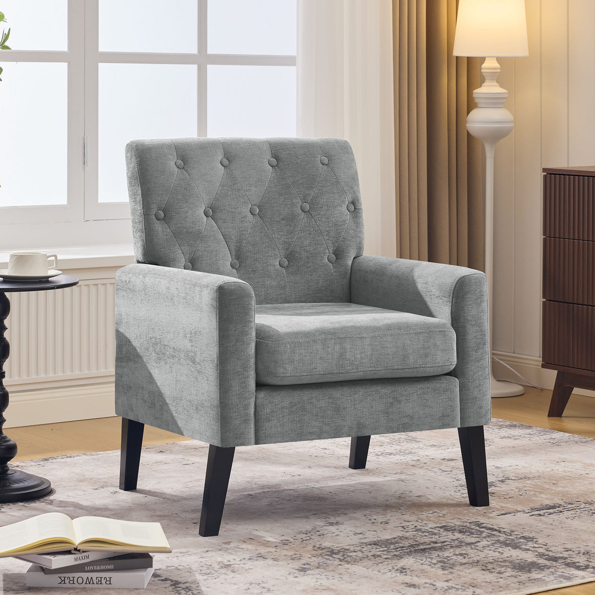 Mid Century Modern Accent Chairs, Grey Chenille Office Chair for Reception - Tufted Upholstered Club Chair for Living Room, Bedroom, or Waiting Room