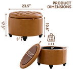 HASLE 24Inch Round Storage Ottoman with Tray, Modern Tufted Leather Circle Coffee Table with Storage, Upholstered Ottoman with Removable Top for Living Room, Bedroom, Leather Brown