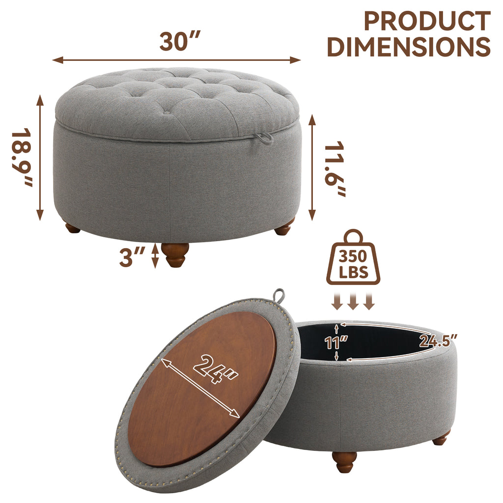 30'' Round Ottoman with Storage, Modern Tufted Fabric Storage Ottoman with Removable Top for Living Room, Bedroom, Light Gray