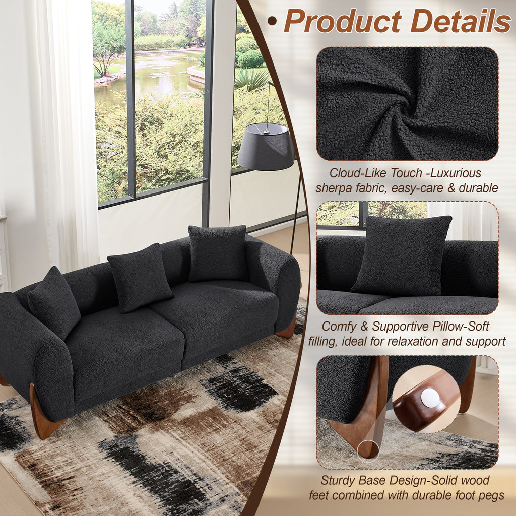 87" Boucle Couch with Solid Wood Legs,Black