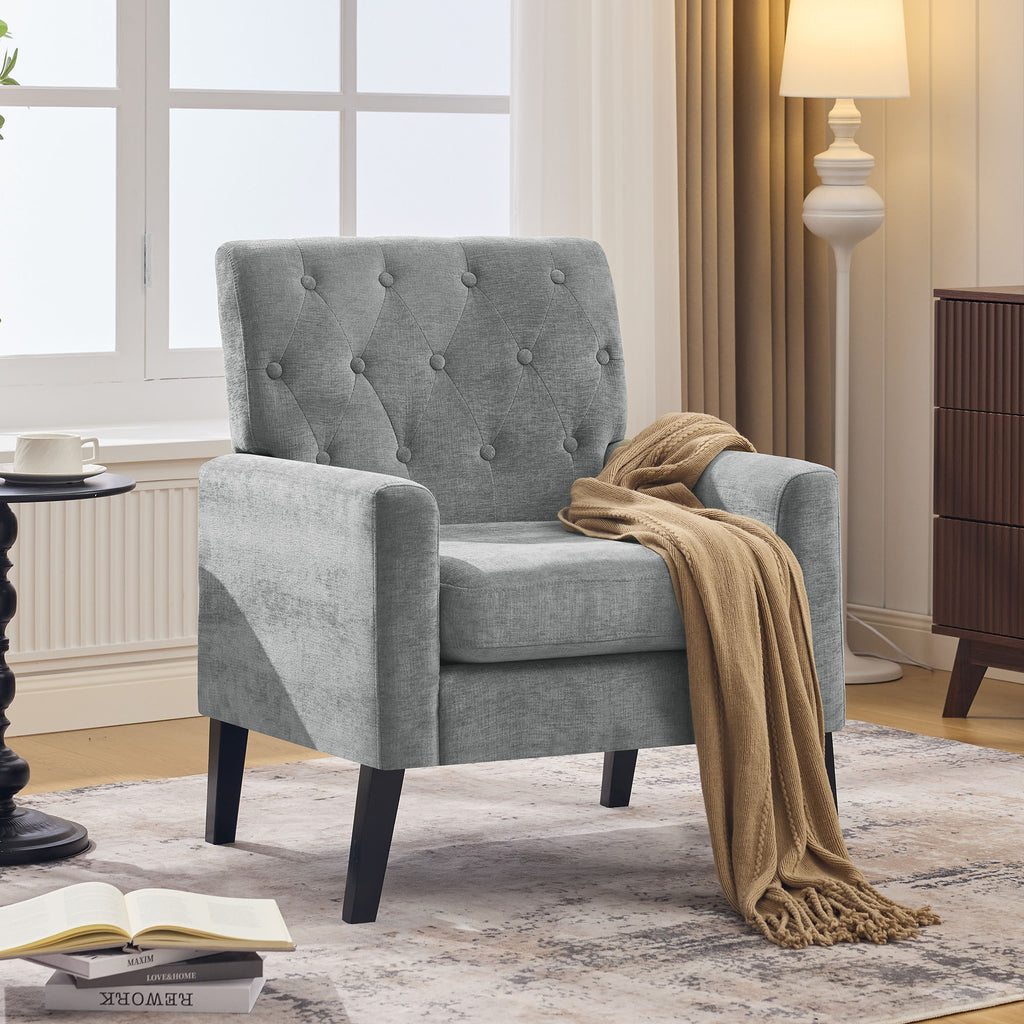 Mid Century Modern Accent Chairs, Grey Chenille Office Chair for Reception - Tufted Upholstered Club Chair for Living Room, Bedroom, or Waiting Room