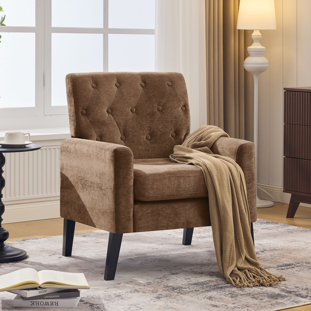 Mid Century Modern Accent Chairs, Brown Chenille Office Chair for Reception - Tufted Upholstered Club Chair for Living Room, Bedroom, or Waiting Room