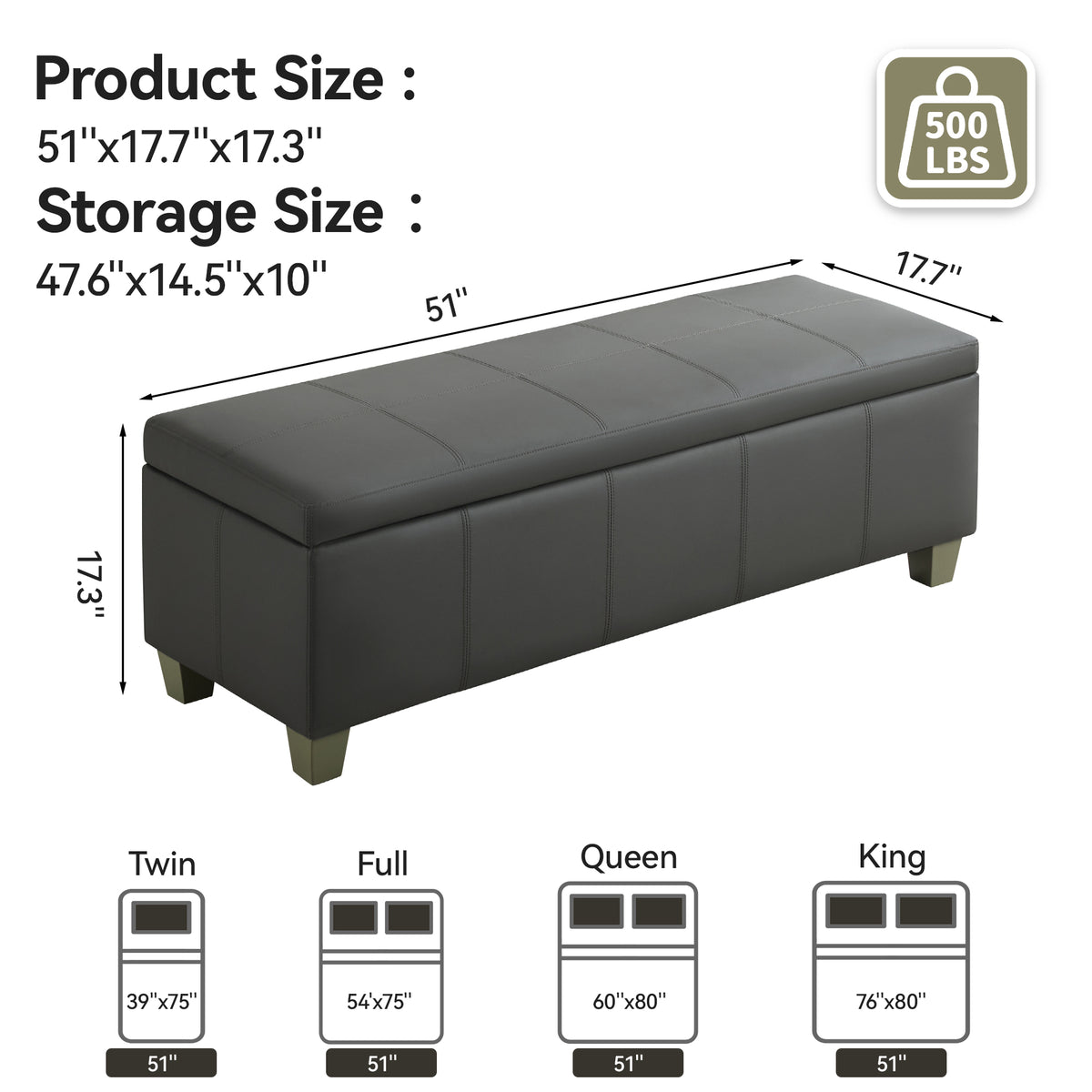 Faux Leather Storage Ottoman Bench, Rectangle Upholstered Storage Bench with Wooden Legs, Stitch Tufted Bench with Storage for Bedroom, Living Room, Entryway