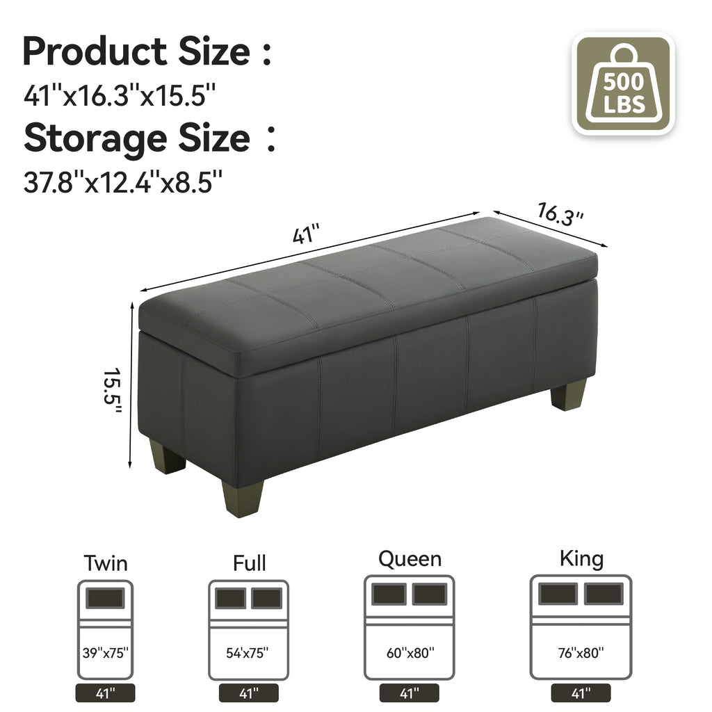 Faux Leather Storage Ottoman Bench, Rectangle Upholstered Storage Bench with Wooden Legs, Stitch Tufted Bench with Storage for Bedroom, Living Room, Entryway