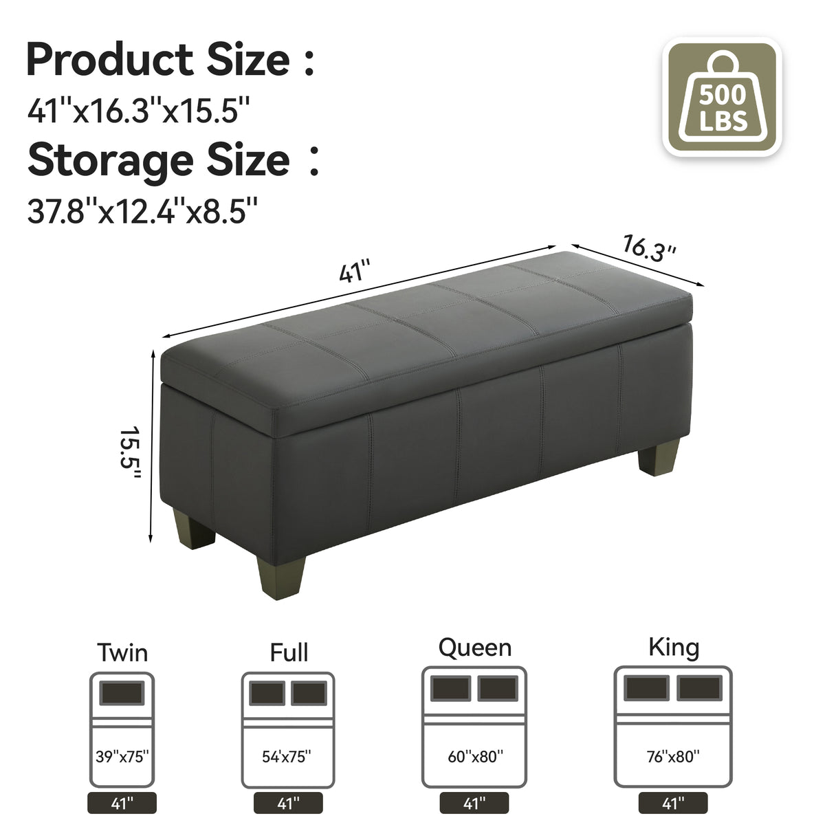 Faux Leather Storage Ottoman Bench, Rectangle Upholstered Storage Bench with Wooden Legs, Stitch Tufted Bench with Storage for Bedroom, Living Room, Entryway