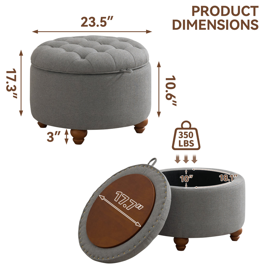24'' Round Ottoman with Storage, Modern Tufted Fabric Storage Ottoman with Removable Top for Living Room, Bedroom, Light Gray