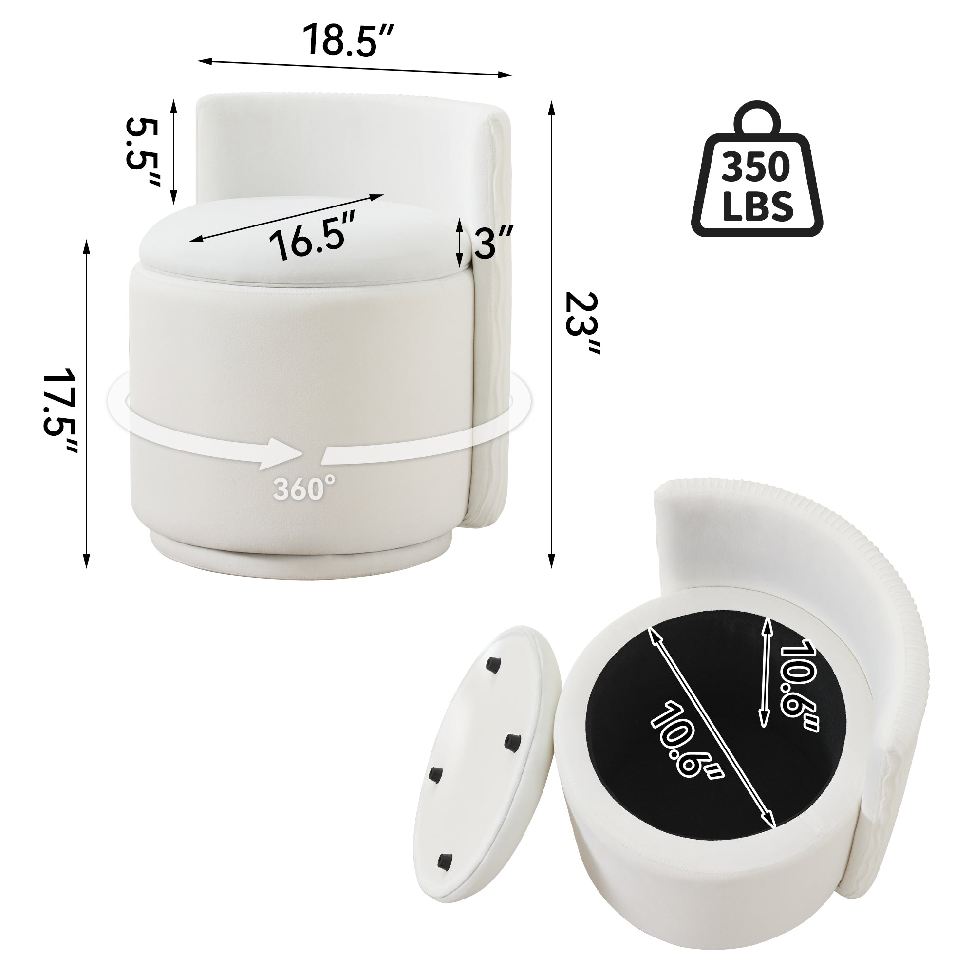 Vanity Chair with Storage，Velvet, White