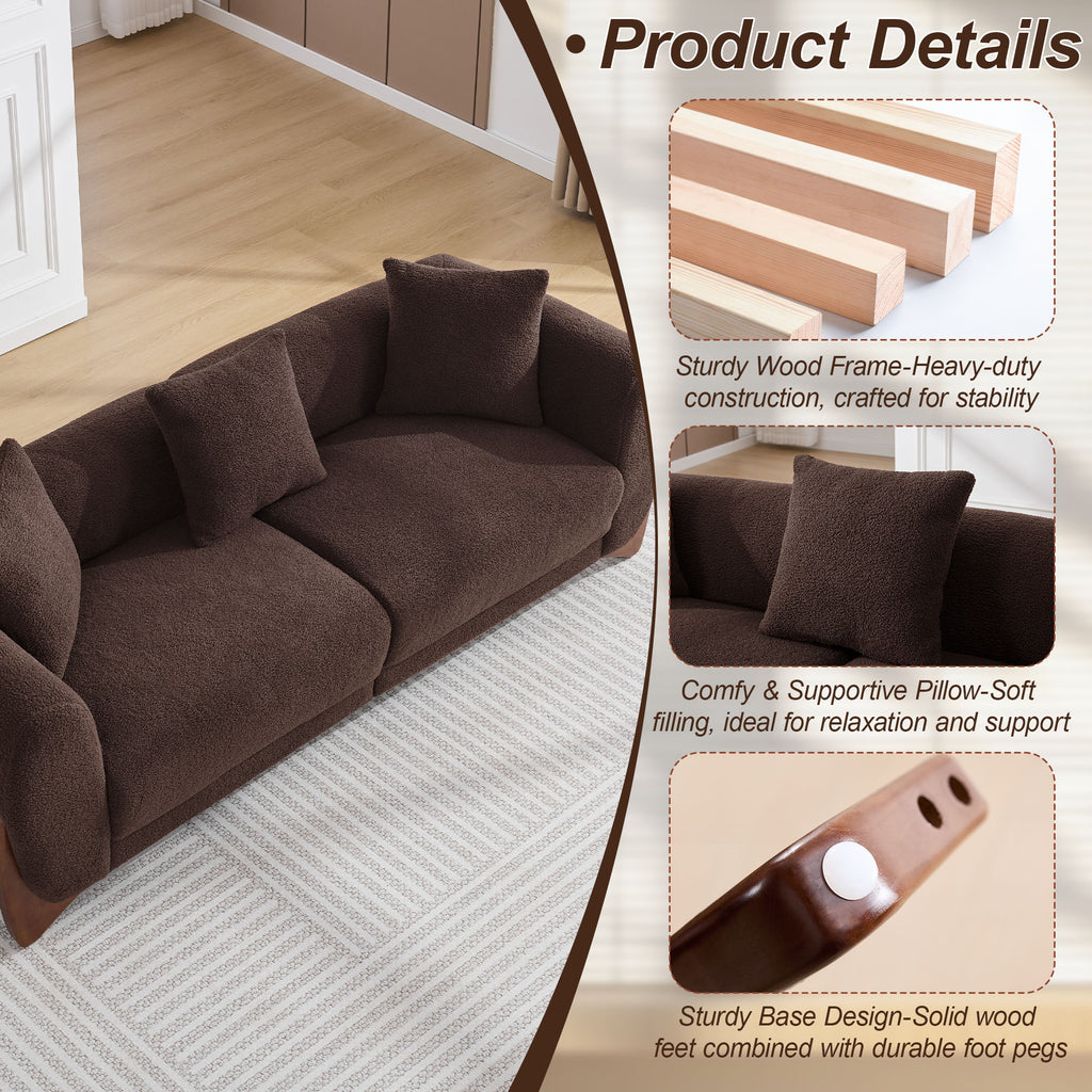 87" Boucle Couch with Solid Wood Legs,Brown