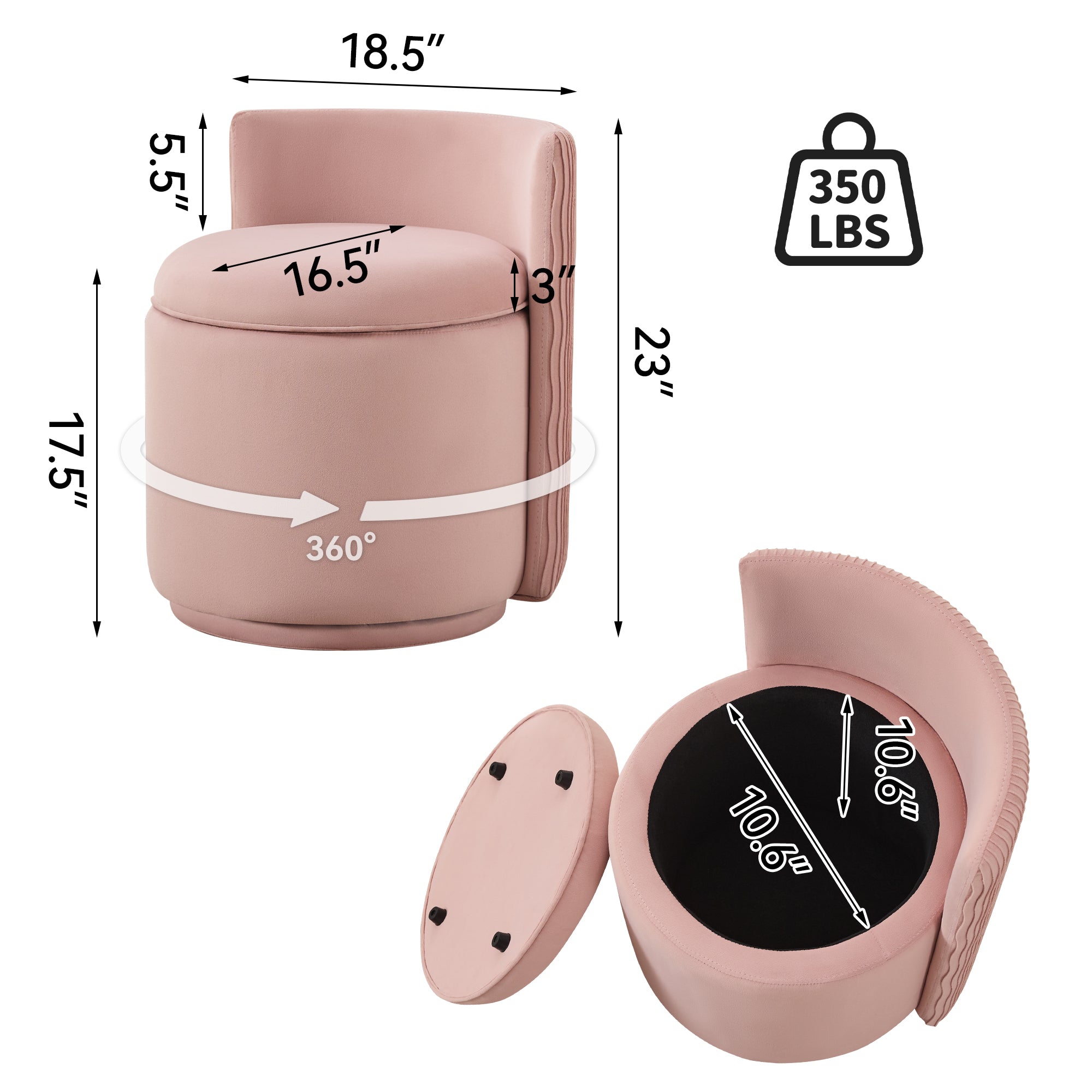 Vanity Chair with Storage，Velvet, Pink