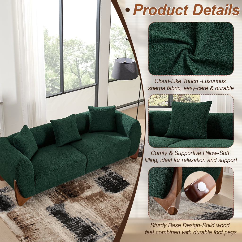 87" Boucle Couch with Solid Wood Legs, Green