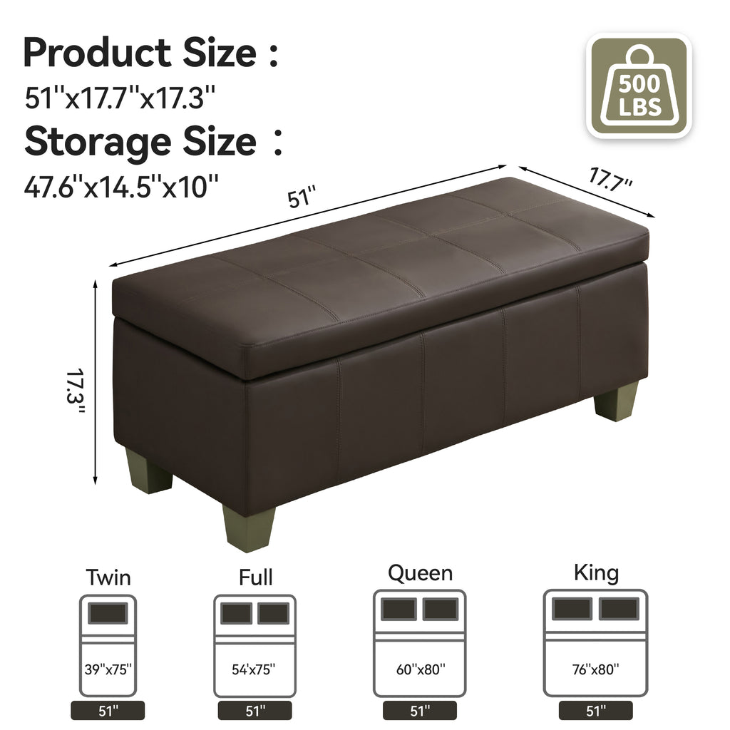 Faux Leather Storage Ottoman Bench, Rectangle Upholstered Storage Bench with Wooden Legs, Stitch Tufted Bench with Storage for Bedroom, Living Room, Entryway