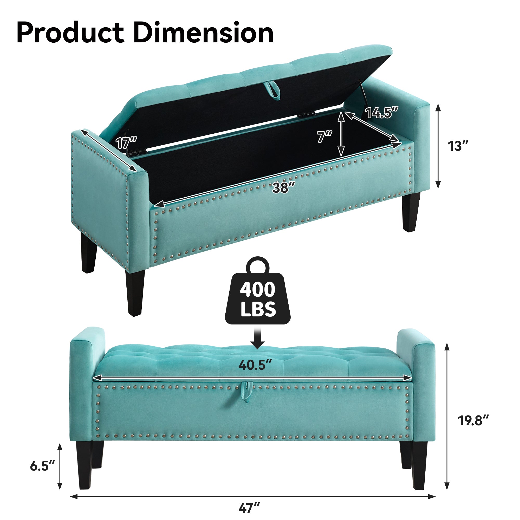 47" Velvet Storage Bench，Teal