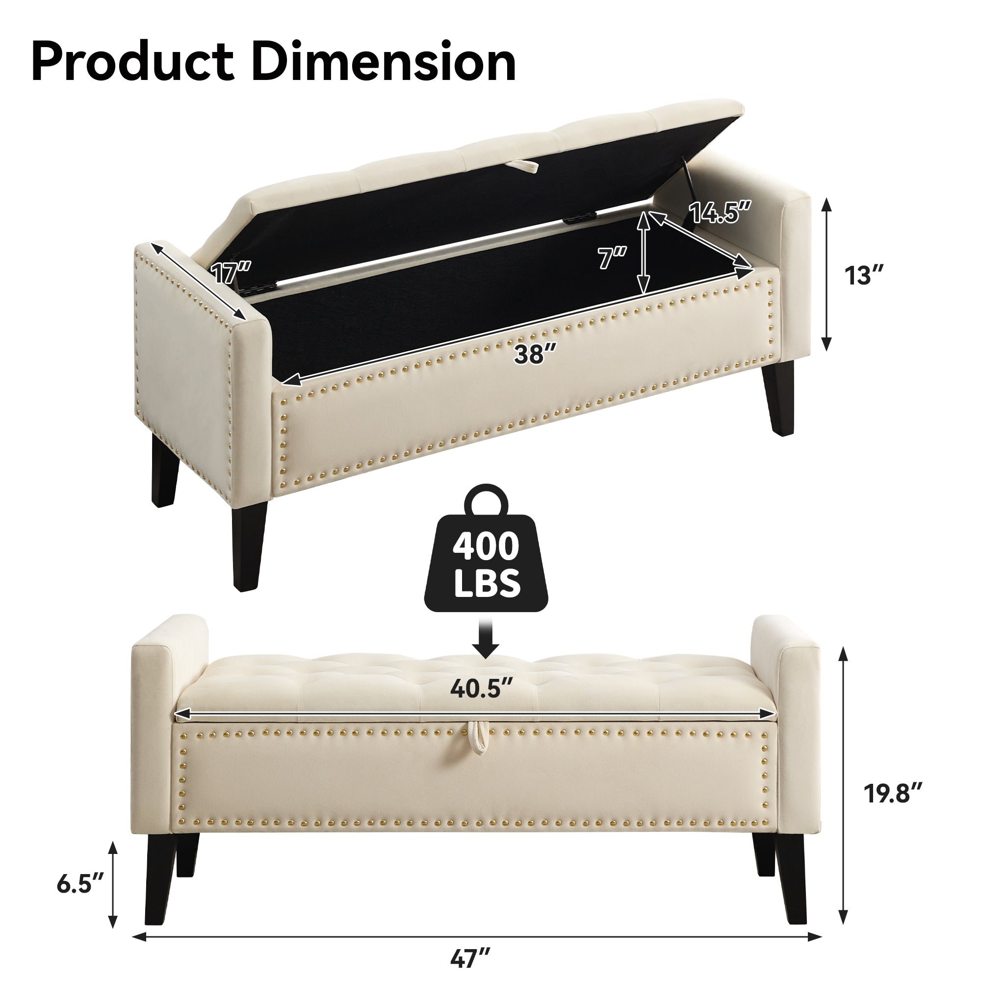 47" Velvet Storage Bench，Beige