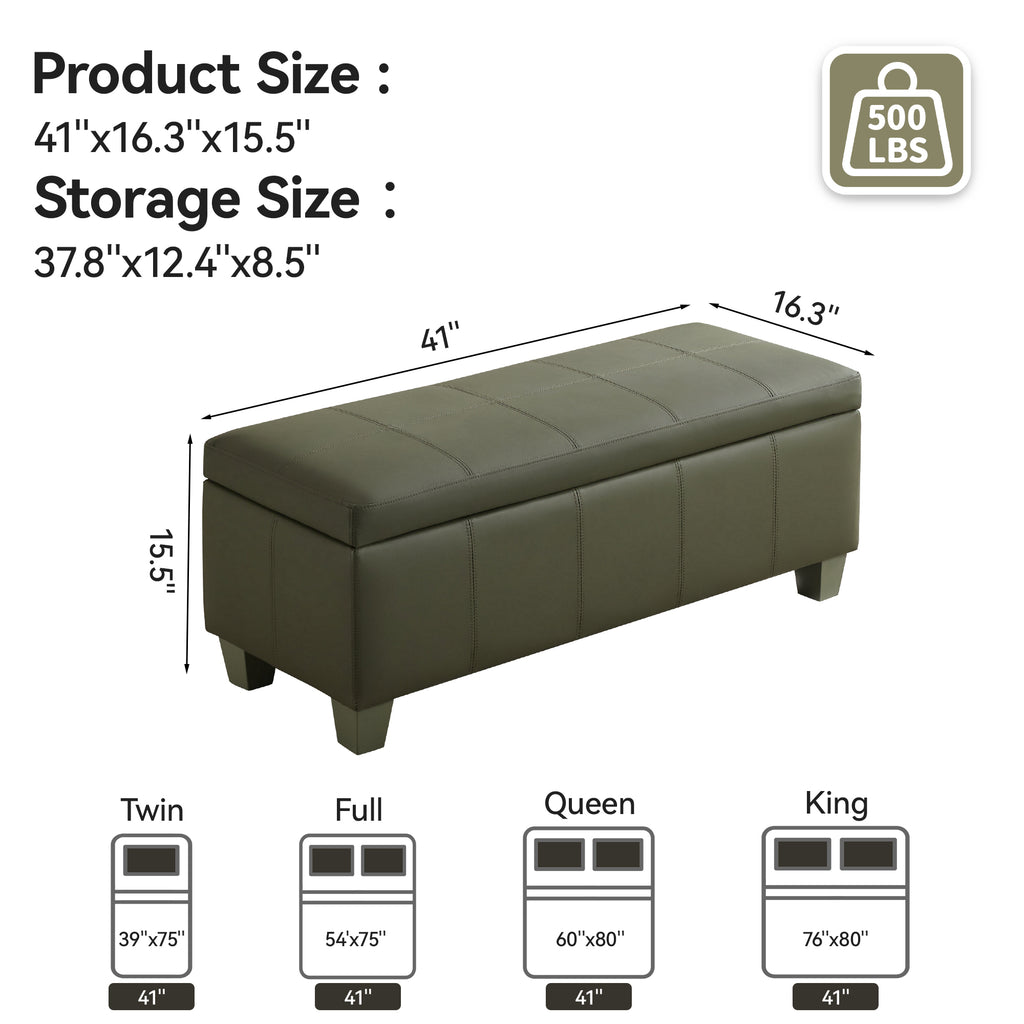 Faux Leather Storage Ottoman Bench, Rectangle Upholstered Storage Bench with Wooden Legs, Stitch Tufted Bench with Storage for Bedroom, Living Room, Entryway
