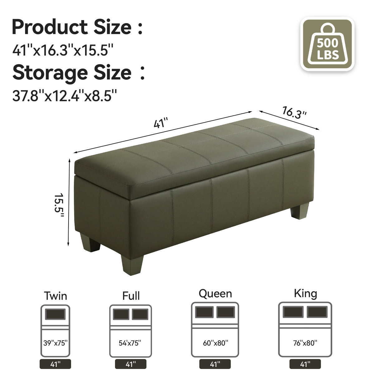 Faux Leather Storage Ottoman Bench, Rectangle Upholstered Storage Bench with Wooden Legs, Stitch Tufted Bench with Storage for Bedroom, Living Room, Entryway