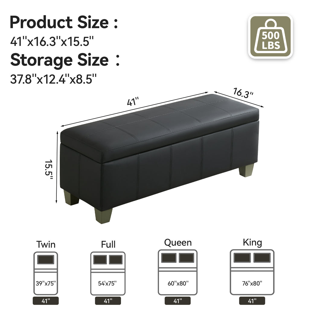 Faux Leather Storage Ottoman Bench, Rectangle Upholstered Storage Bench with Wooden Legs, Stitch Tufted Bench with Storage for Bedroom, Living Room, Entryway
