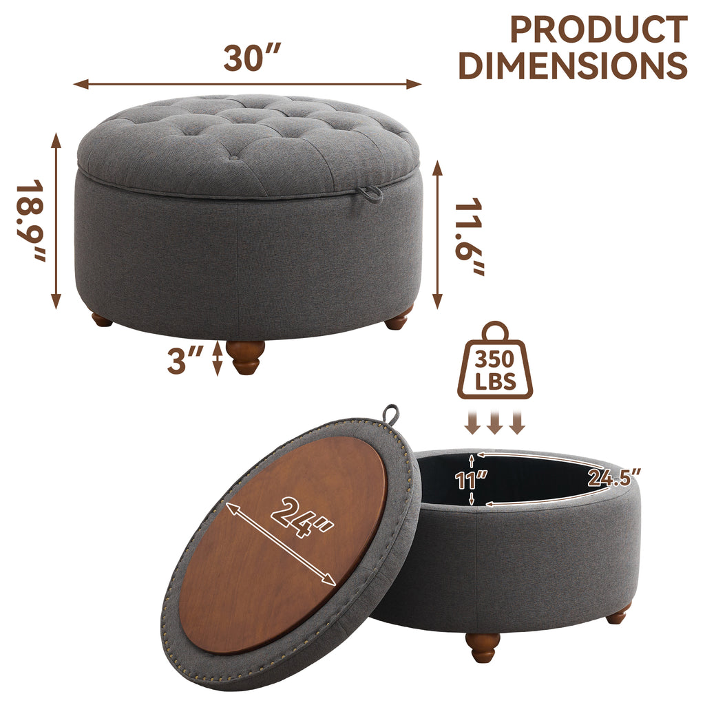30'' Round Ottoman with Storage, Modern Tufted Storage Ottoman with Removable Top for Living Room, Bedroom, Drak Gray