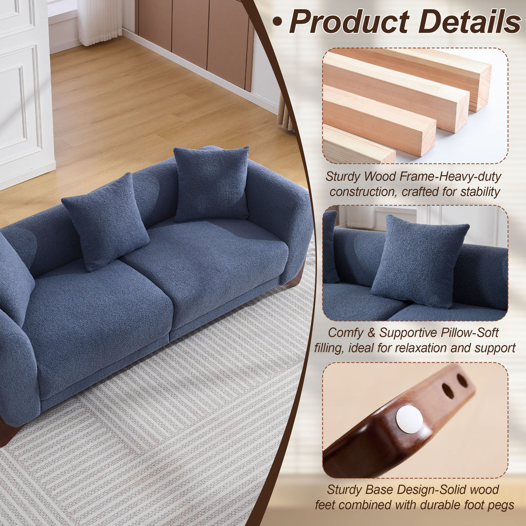 87" Boucle Couch with Solid Wood Legs,Blue