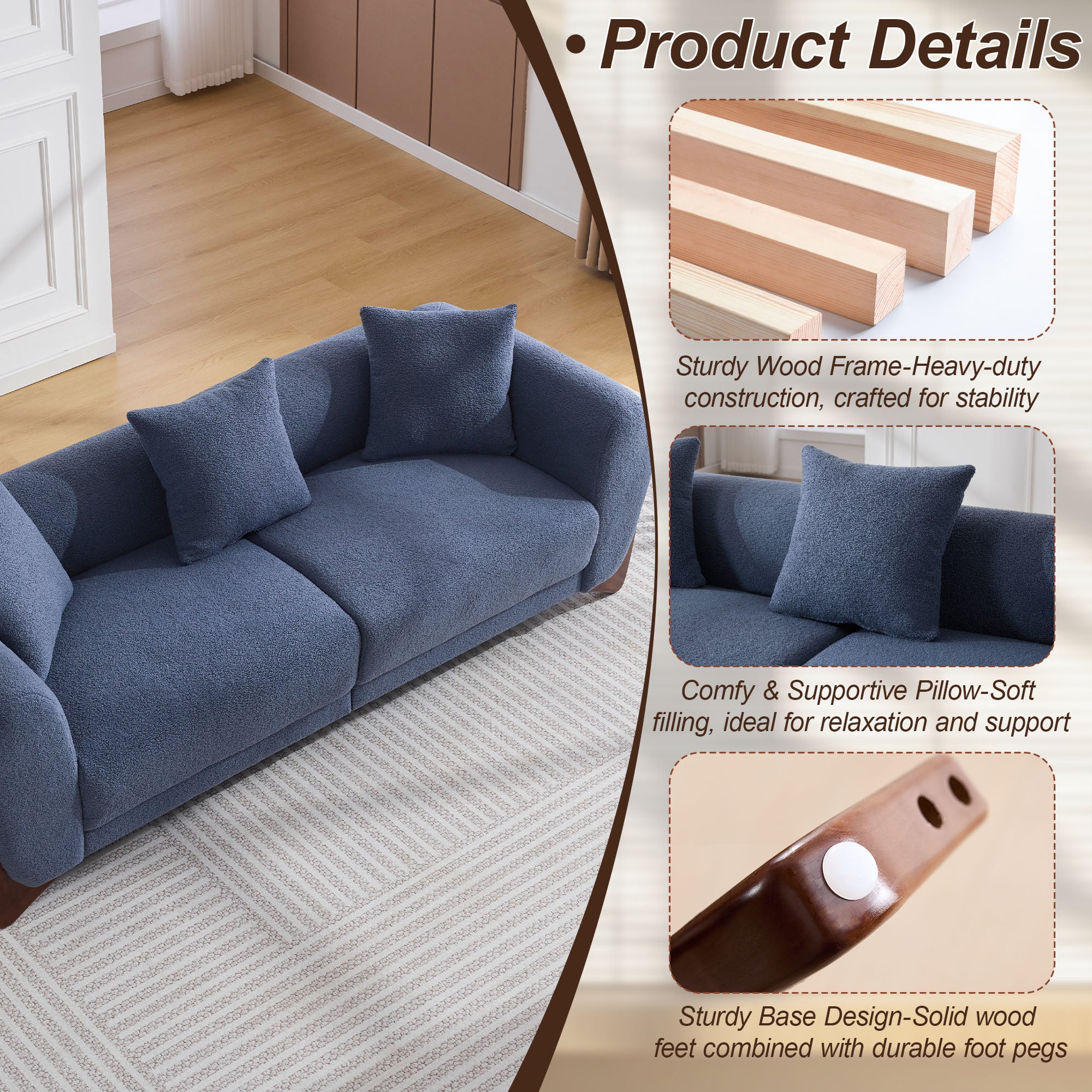 87" Boucle Couch with Solid Wood Legs,Blue