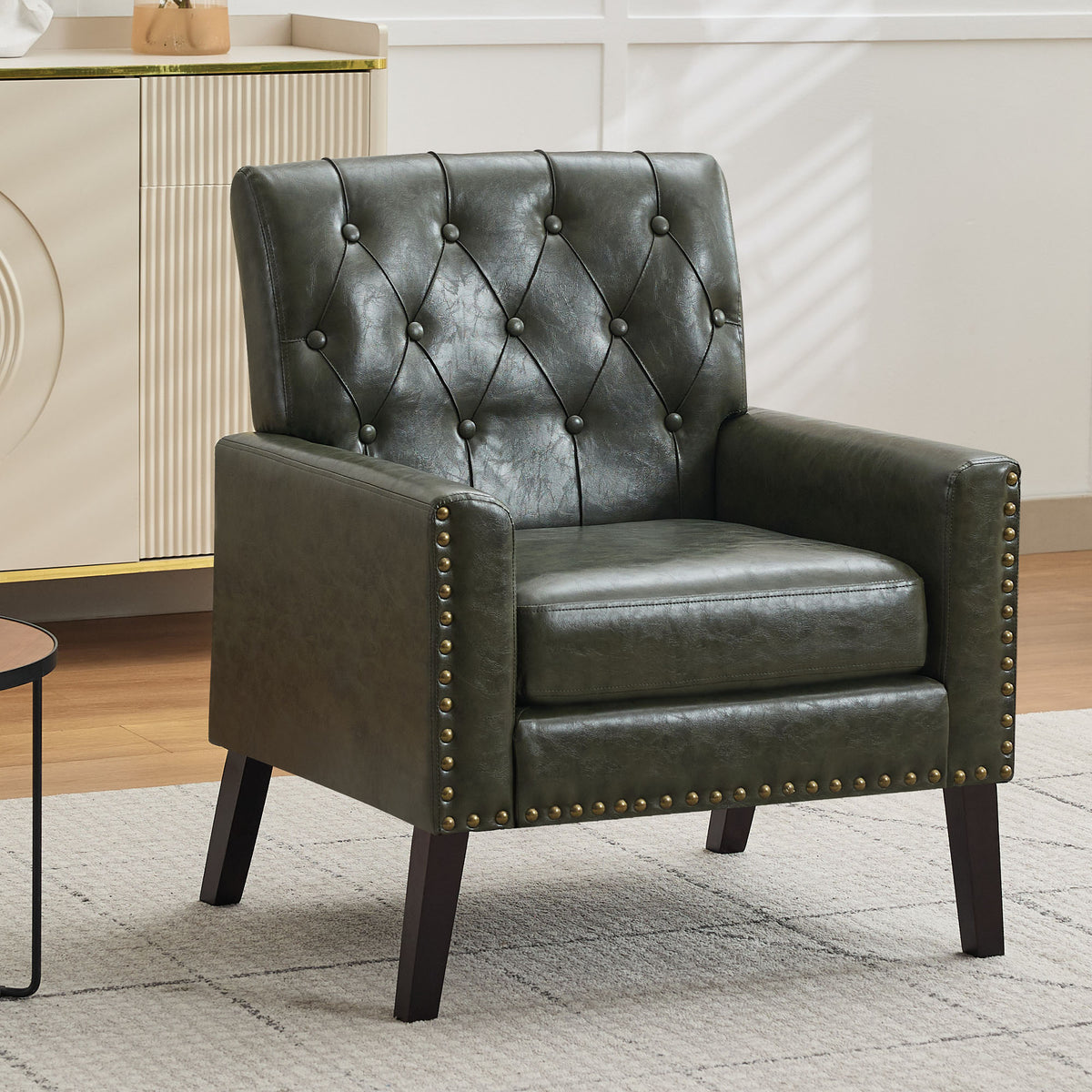 Mid Century Modern Accent Chair, Green Faux Leather Club Chair for Living Room, Bedroom, Office, or Reception Room