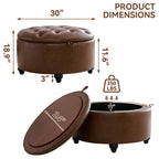 HASLE 30Inch Round Storage Ottoman with Tray, Modern Tufted Leather Circle Coffee Table with Storage, Upholstered Ottoman with Removable Top for Living Room, Bedroom, Leather Coffee