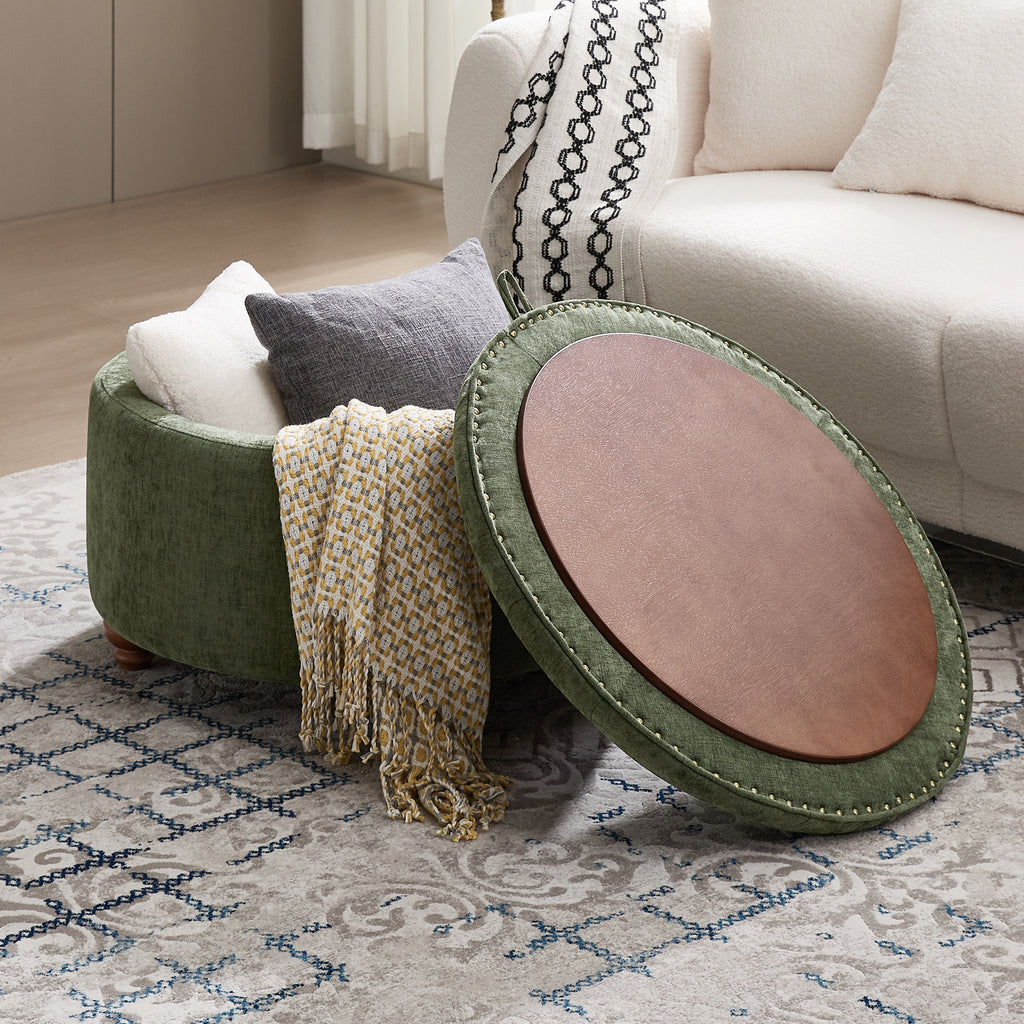Round Storage Ottoman，Green