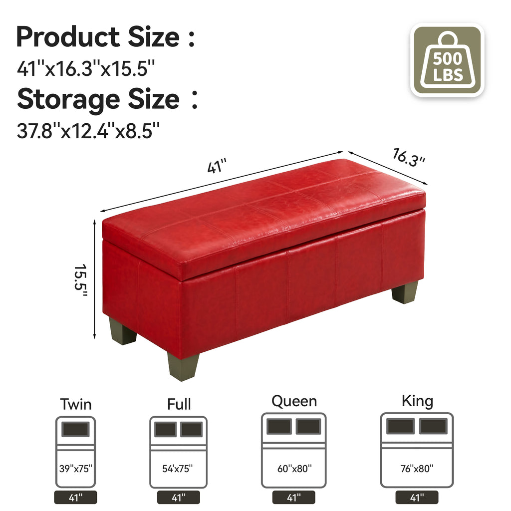 Faux Leather Storage Ottoman Bench, Rectangle Upholstered Storage Bench with Wooden Legs, Stitch Tufted Bench with Storage for Bedroom, Living Room, Entryway