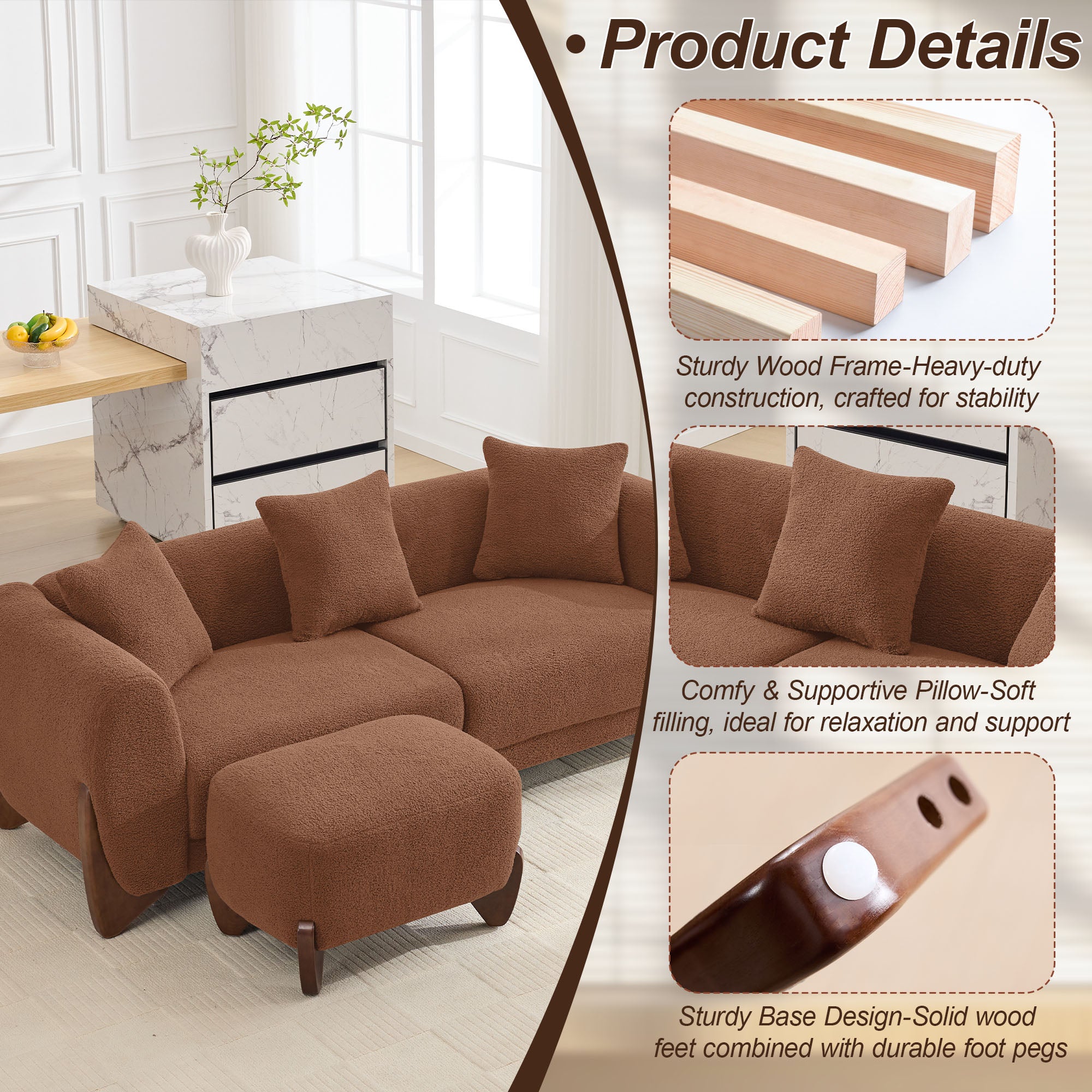 28.7" Sherpa Boucle Ottoman，Bright Brown