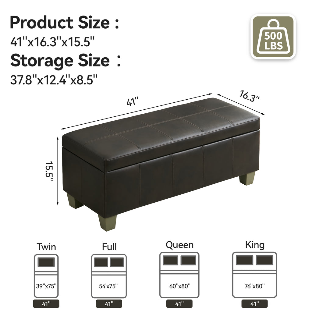 Faux Leather Storage Ottoman Bench, Rectangle Upholstered Storage Bench with Wooden Legs, Stitch Tufted Bench with Storage for Bedroom, Living Room, Entryway