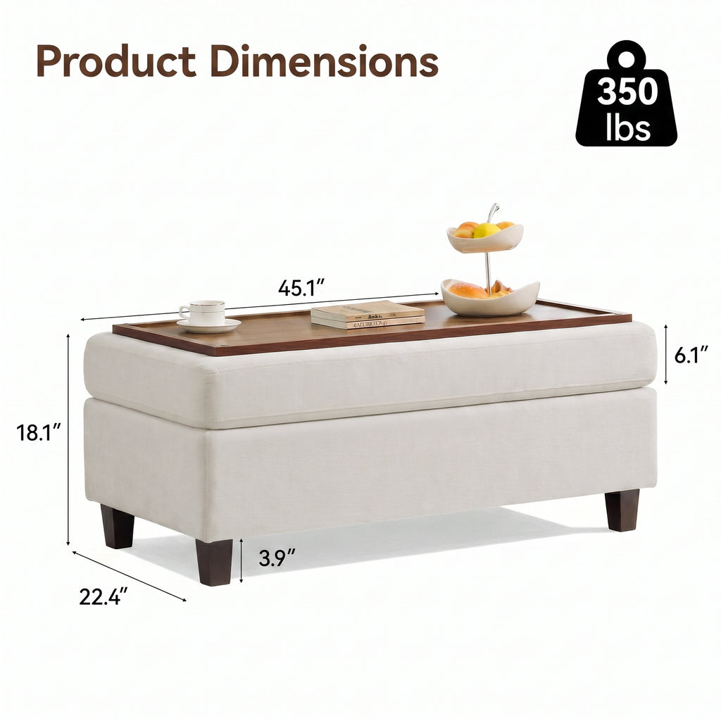 HASLE Storage Ottoman Bench with Wooden Tray, Upholstered Ottoman Coffee Table with Hidden Storage for Living Room Bedroom