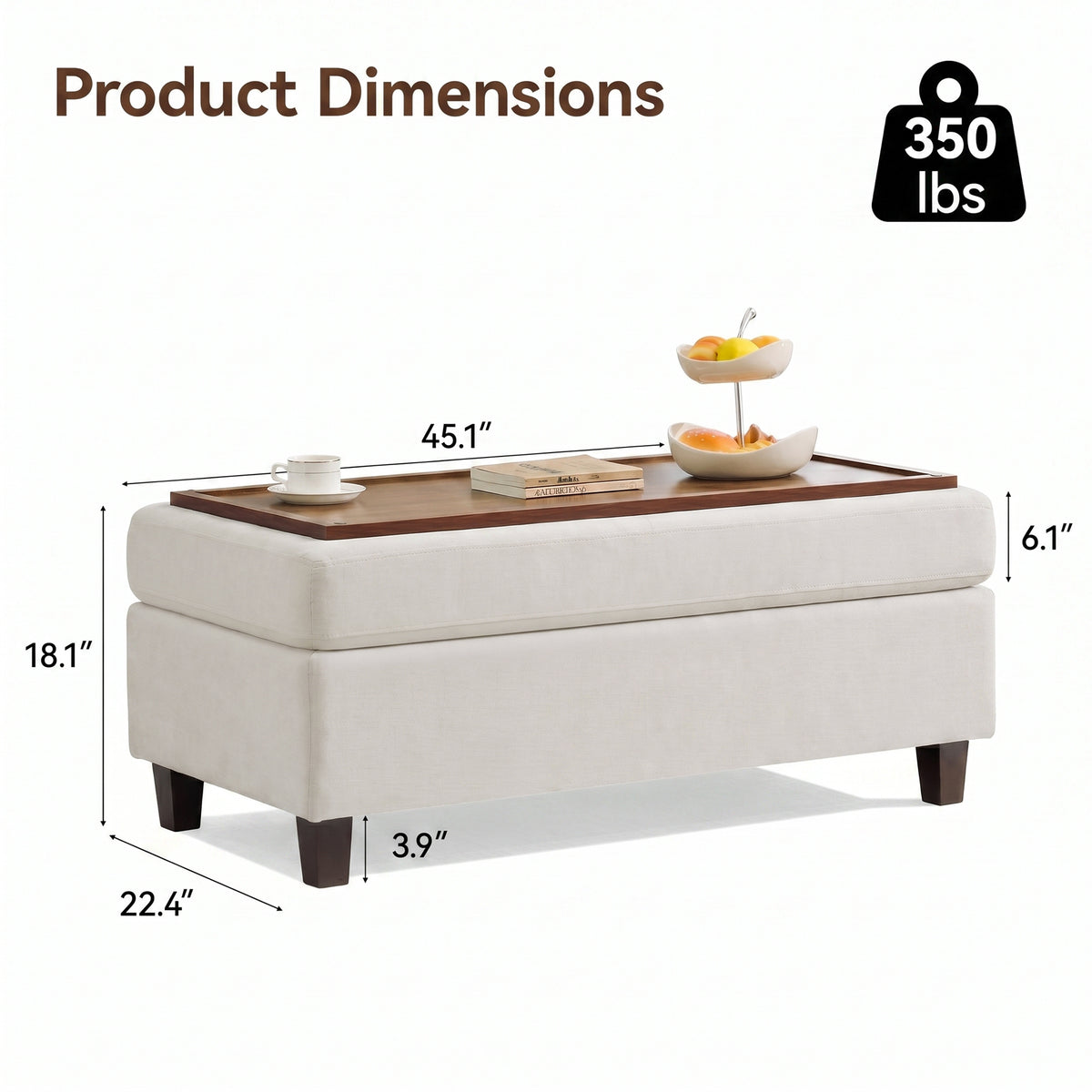 HASLE Storage Ottoman Bench with Wooden Tray, Upholstered Ottoman Coffee Table with Hidden Storage for Living Room Bedroom