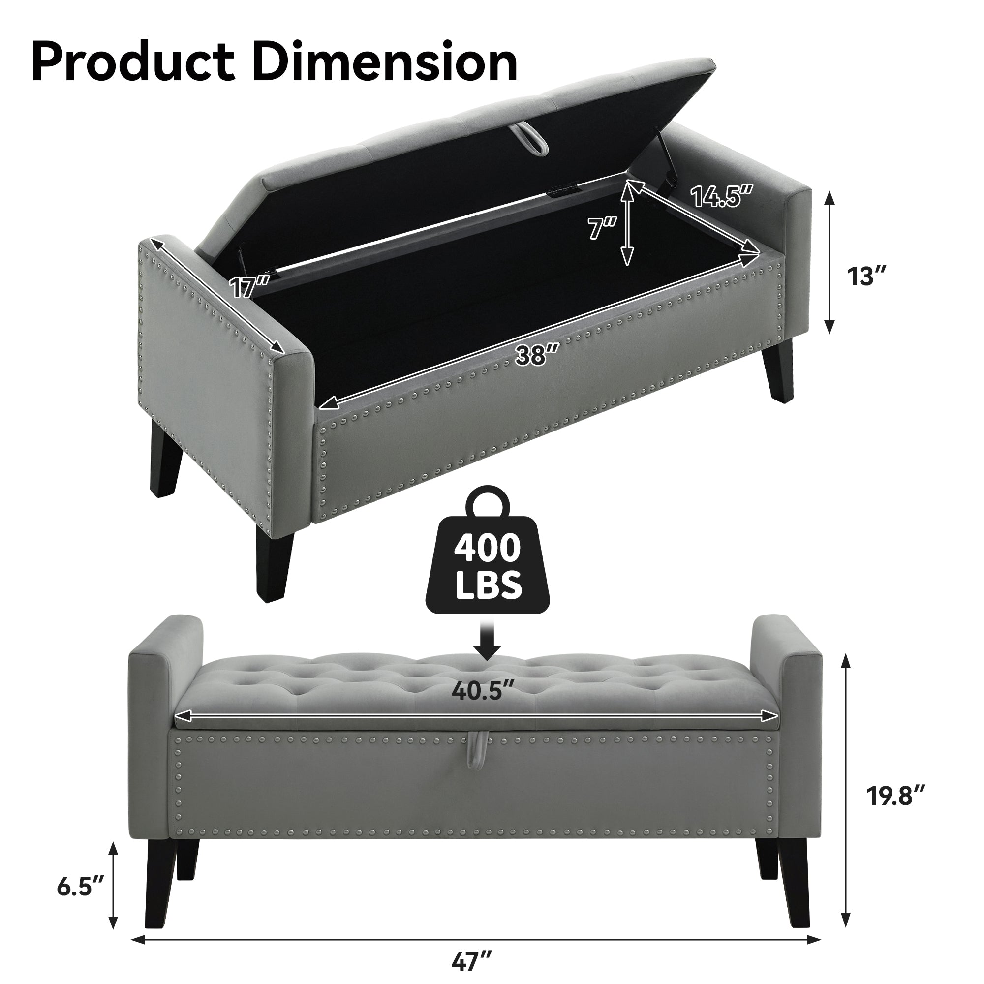 47" Velvet Storage Bench，Gray