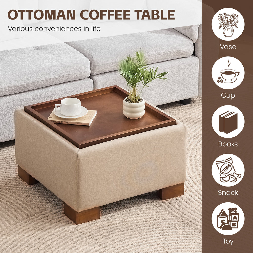 24" Square Storage Ottoman，Khaki