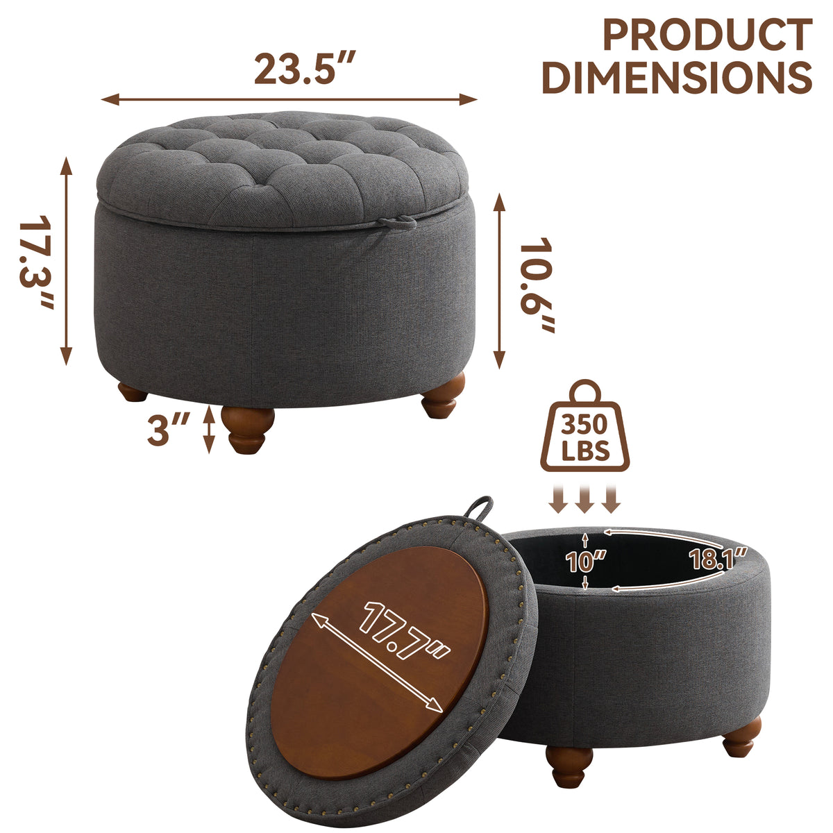 24'' Round Ottoman with Storage, Modern Tufted Fabric Storage Ottoman with Removable Top for Living Room, Bedroom, Drak Gray