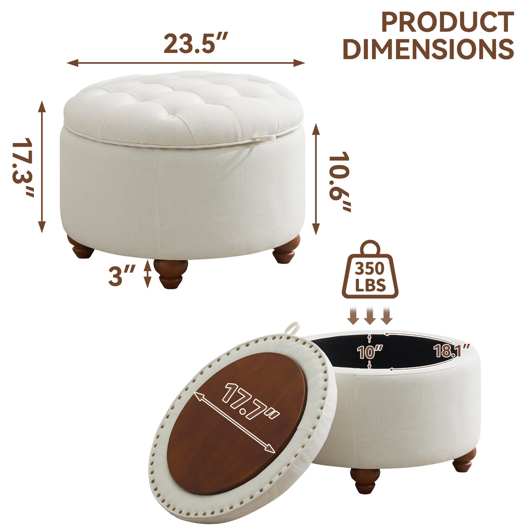 24'' Round Ottoman with Storage, Modern Tufted Fabirc Storage Ottoman with Removable Top for Living Room, Bedroom, White