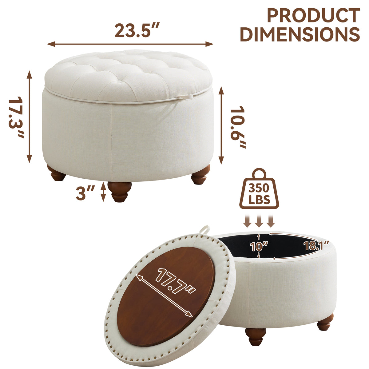 24'' Round Ottoman with Storage, Modern Tufted Fabirc Storage Ottoman with Removable Top for Living Room, Bedroom, White