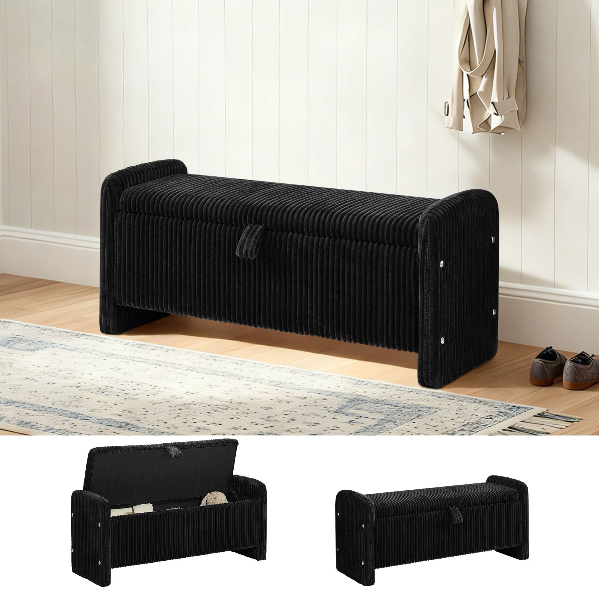 44'' Corduroy Storage Ottoman Bench, Black