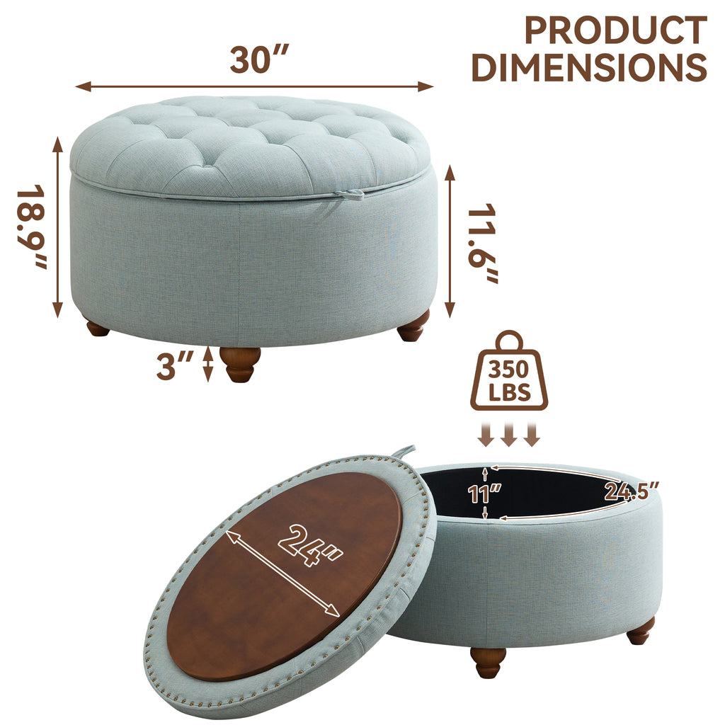 30'' Round Ottoman with Storage, Modern Tufted Fabric Storage Ottoman with Removable Top for Living Room, Bedroom, Light Blue