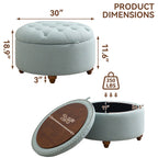 30'' Round Ottoman with Storage, Modern Tufted Fabric Storage Ottoman with Removable Top for Living Room, Bedroom, Light Blue