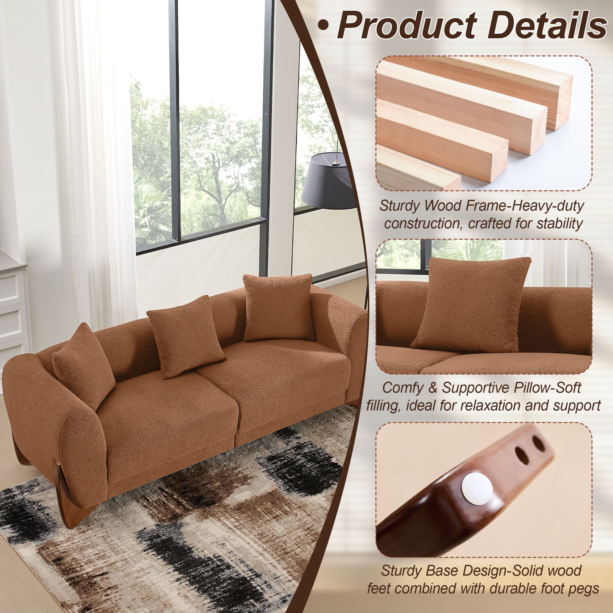 87" Boucle Couch with Solid Wood Legs,Camel