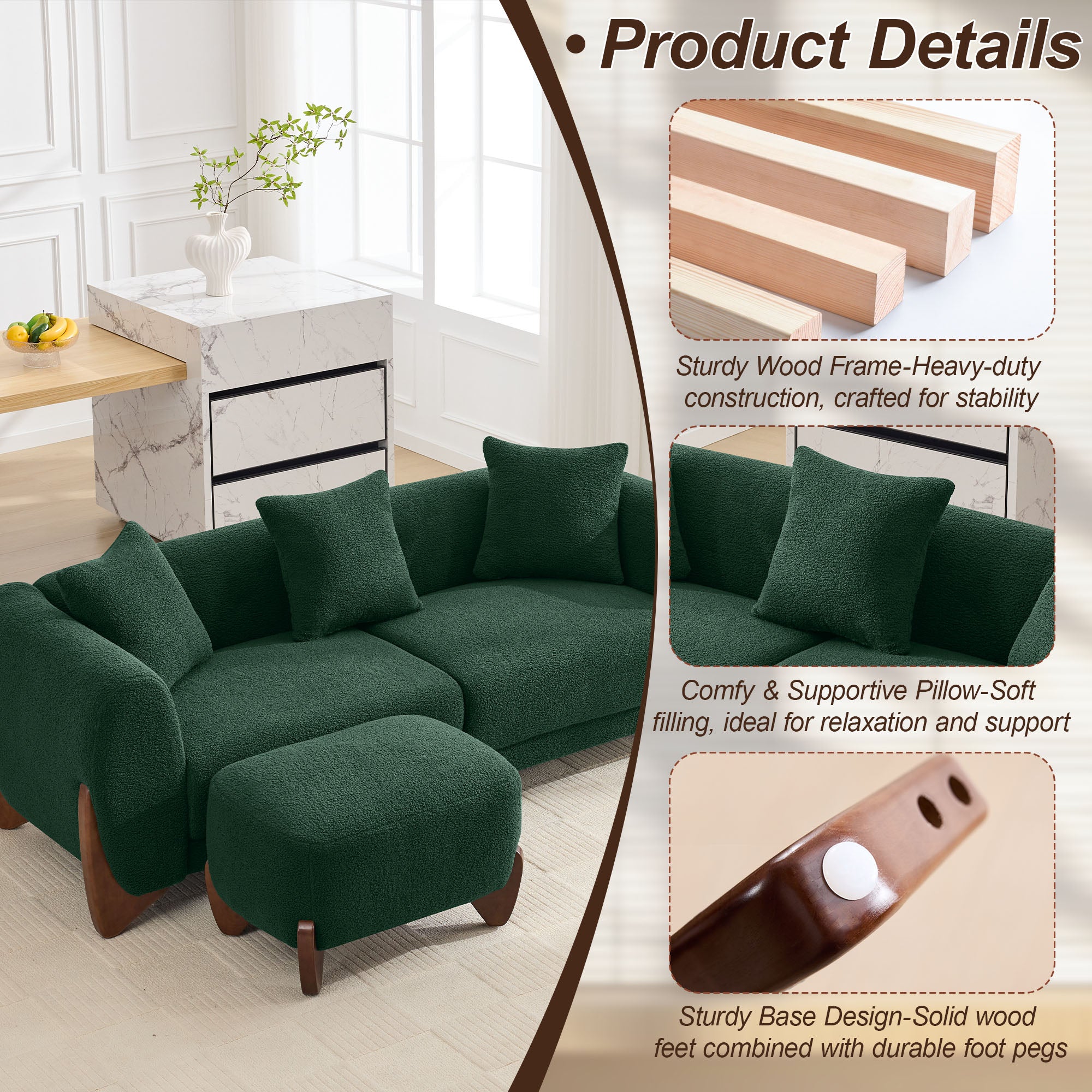 28.7" Sherpa Boucle Ottoman，Green