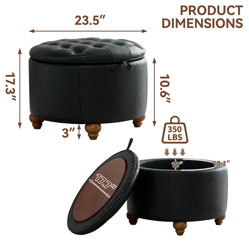 HASLE 24Inch Round Storage Ottoman with Tray, Modern Tufted Leather Circle Coffee Table with Storage, Upholstered Ottoman with Removable Top for Living Room, Bedroom, Leather Black